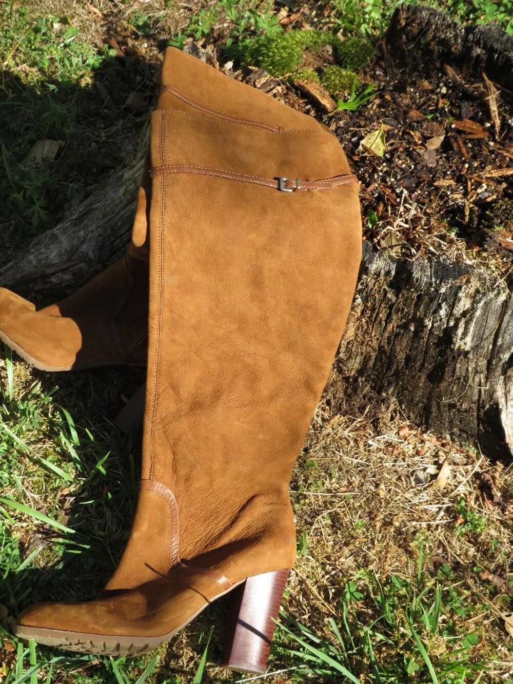 Antonio Melani Tan Suede Leather Tall Boots 10M – Stacked Heel, Buckle Detail,